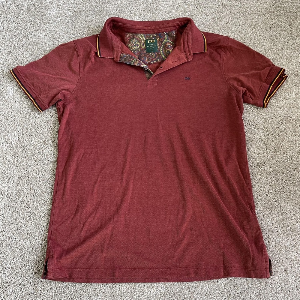 Peter England Polo Shirt Mens XL Red Slim Fit Paisley Collar Short Sleeve